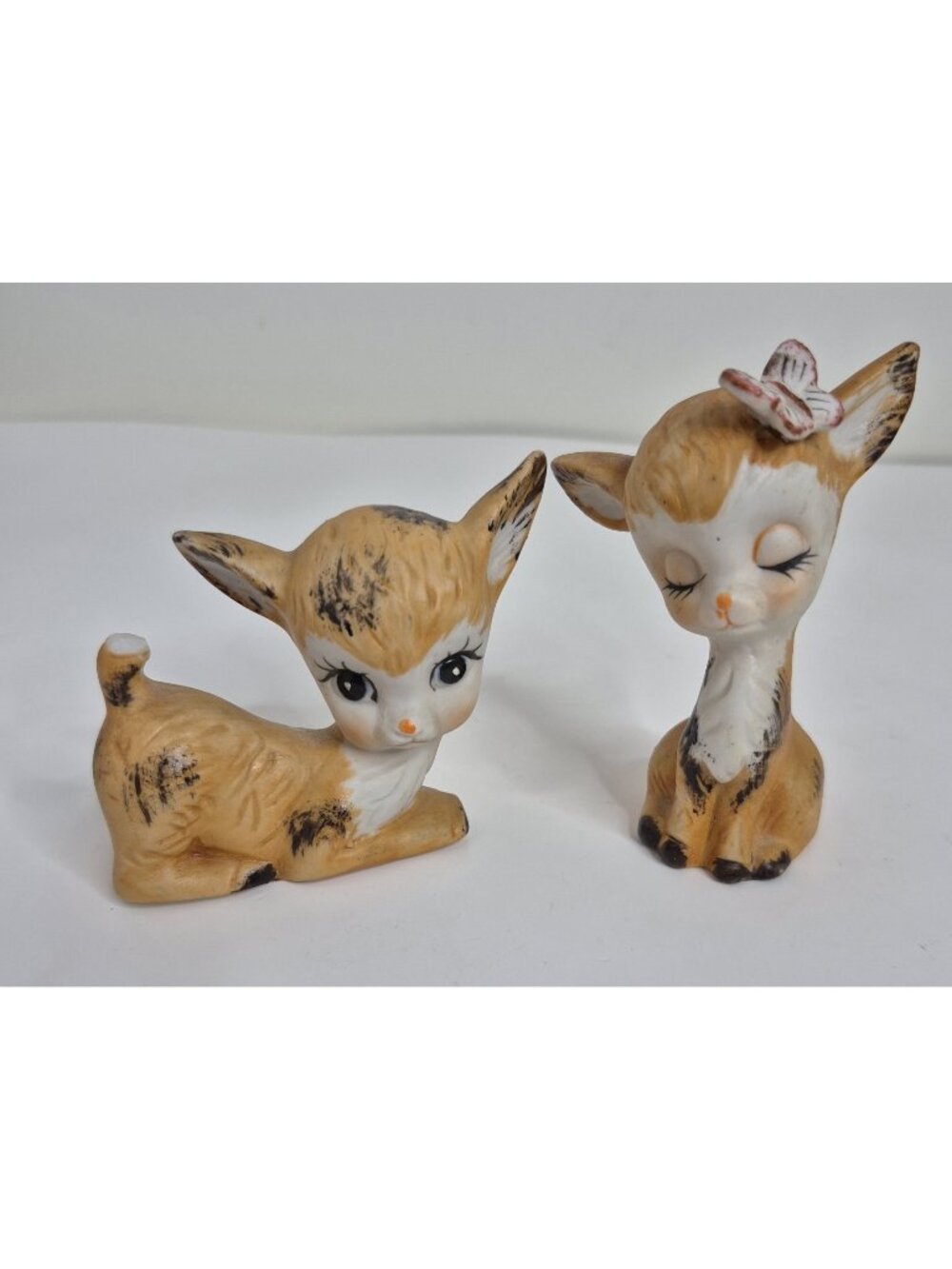 Vintage Big Eyed Deer Fawns Pair With Laying and Sitting